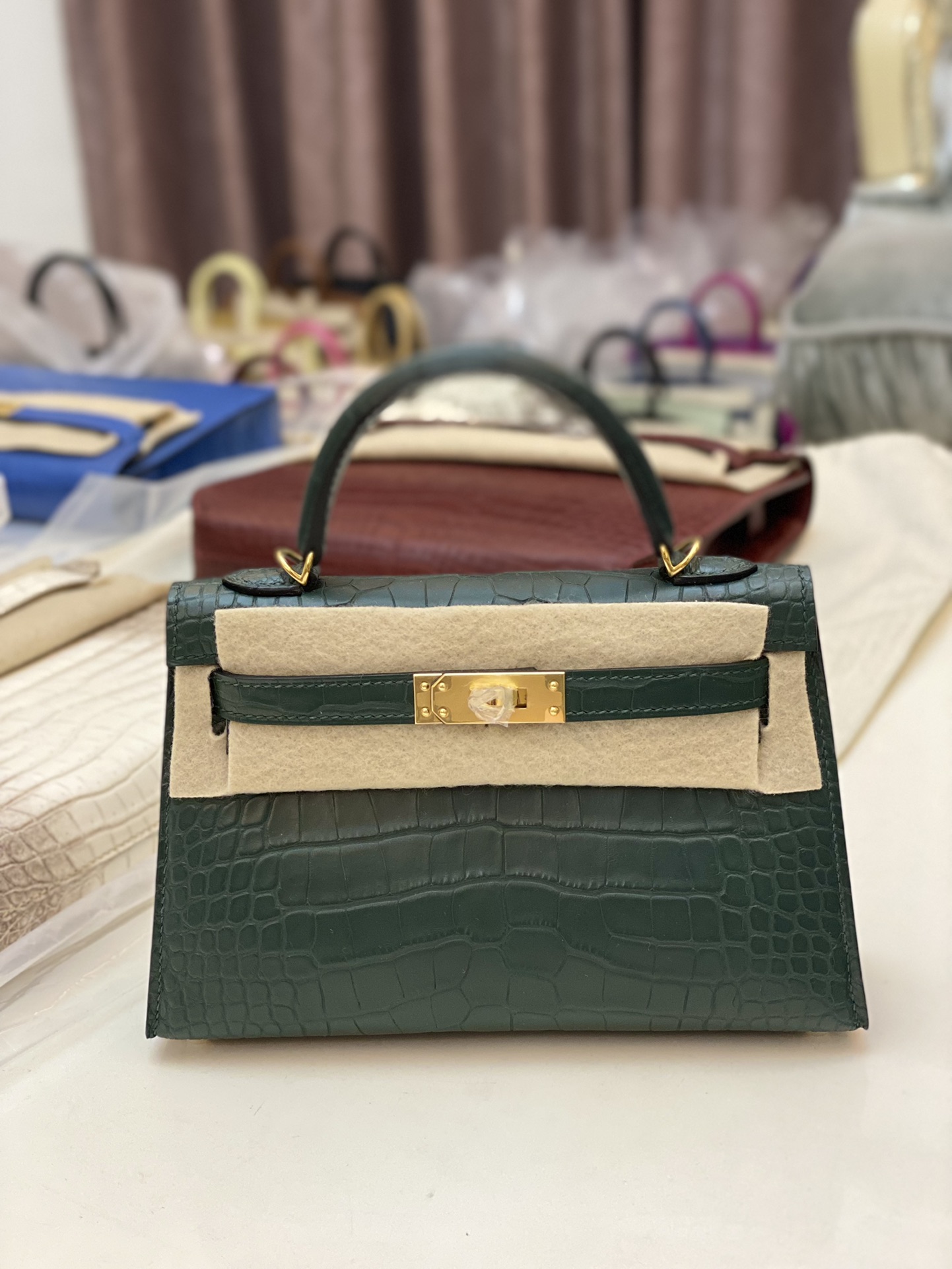 Hermes Kelly Mini II Bag 19CM In Dark Green Matte Alligator Leather